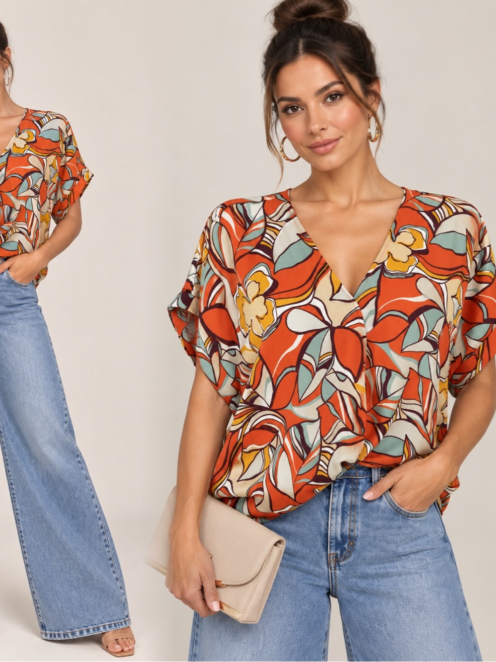 Sweet Rain Orange Floral V-Neck Blouse with Garden Print